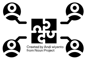abstract graphic representing collaboration as four people working together to solve a puzzle